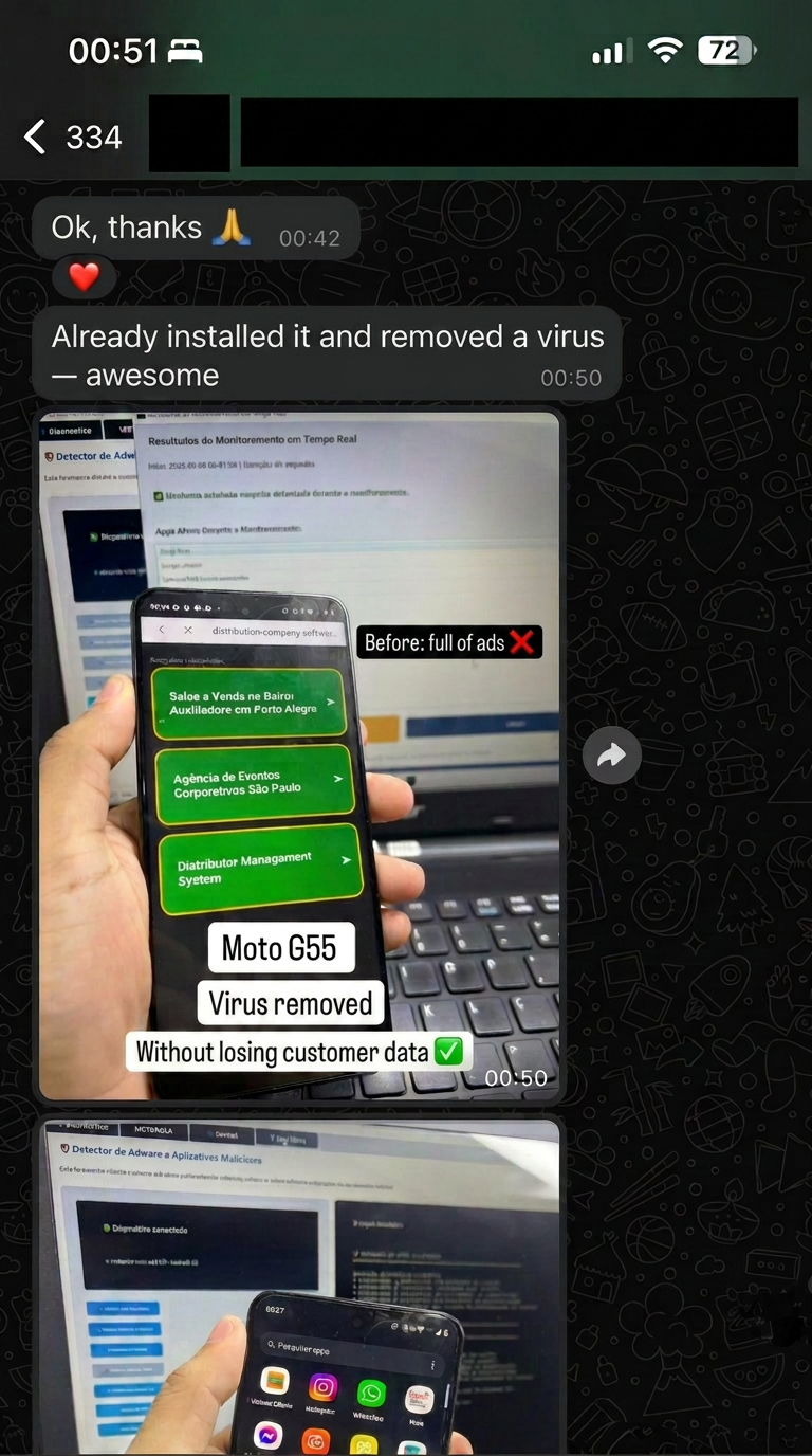 Samsung A72 — virus successfully removed through the dashboard.